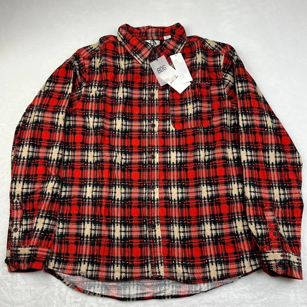BDG Shirt Mens Red‎ Large Plaid Corduroy Button Down Long Sleeves Cotton L
